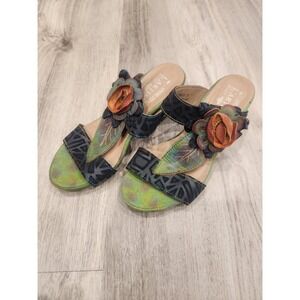 Women's L'ARTISTE ~ Spring Step Shayla Wedge Sandal Navy Floral Appliqué ~37/6.5